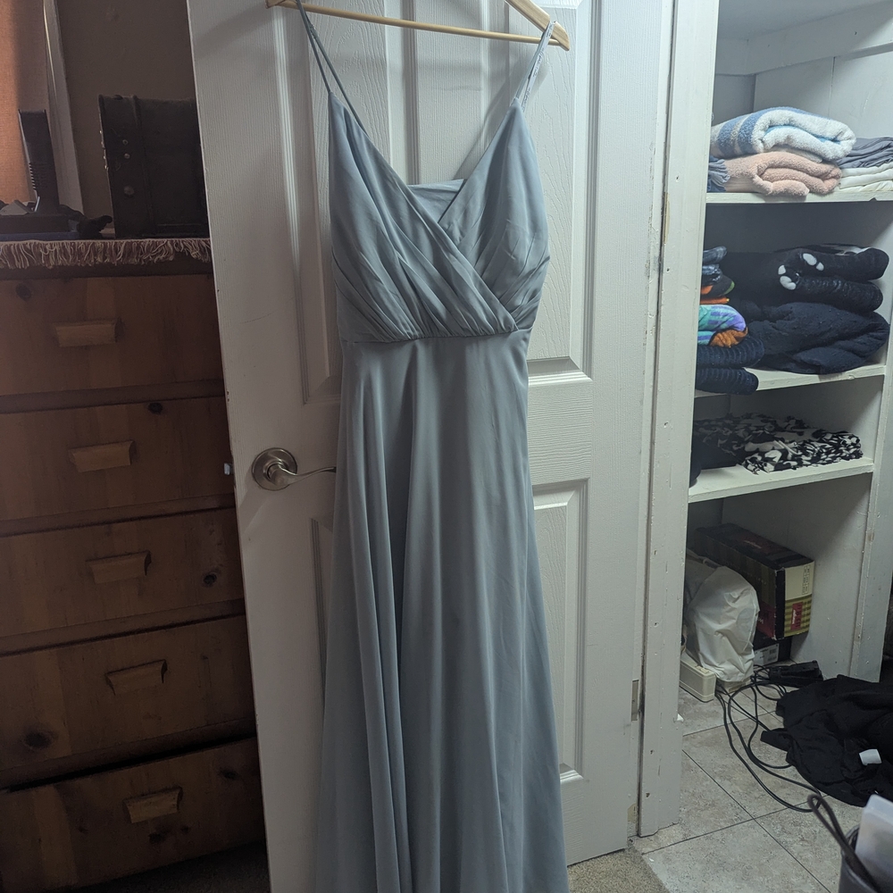 David's Bridal Blue Ruched Spaghetti Strap Gown
